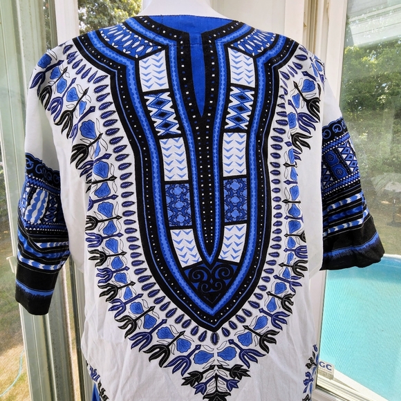 Blue & White Traditional Print Short Sleeve Cotton Dashiki Tunic Shirt Unisex - Picture 7 of 15